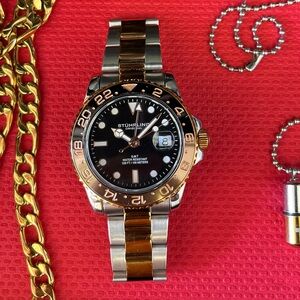 Stührling Two-Tone Rose Gold GMT Watch Meridian GMT Diver 42 mm